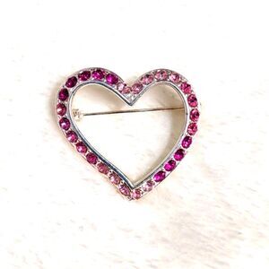Vintage 80's Silvertone Pink Rhinestone Heart Brooche